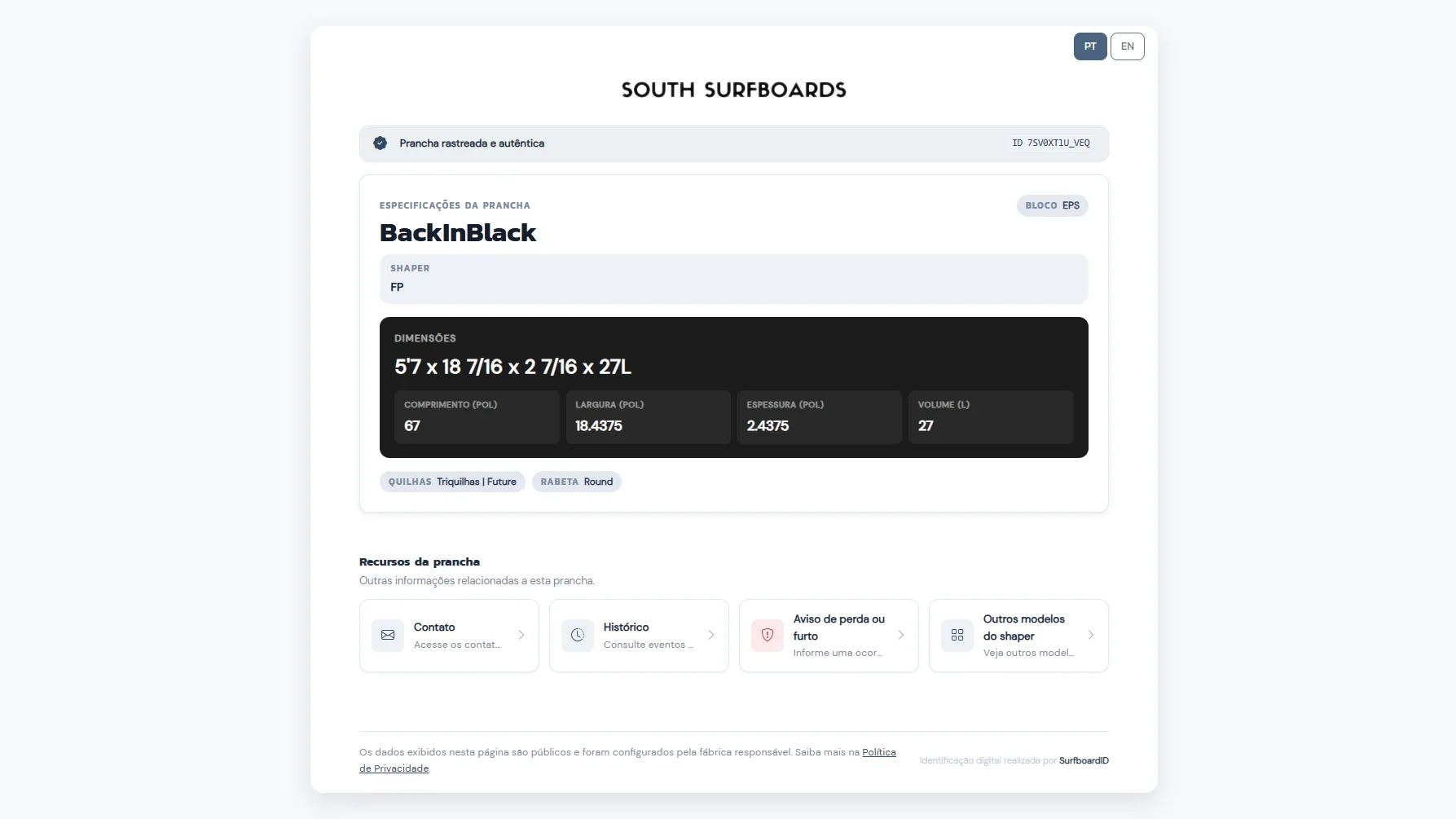 Emissão da identidade digital de uma prancha na plataforma.
