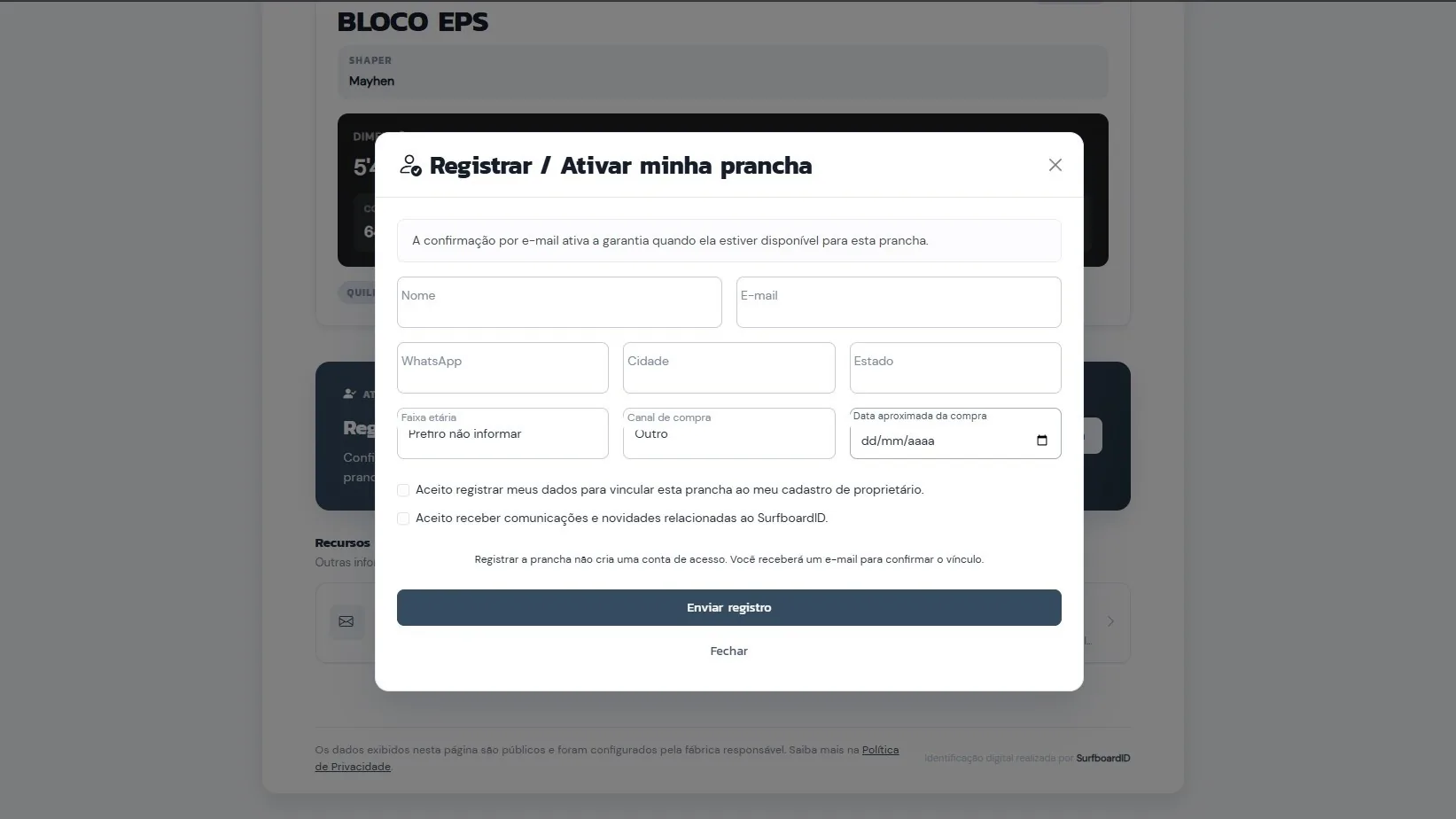 Fluxo de registro e ativação da prancha pelo surfista.