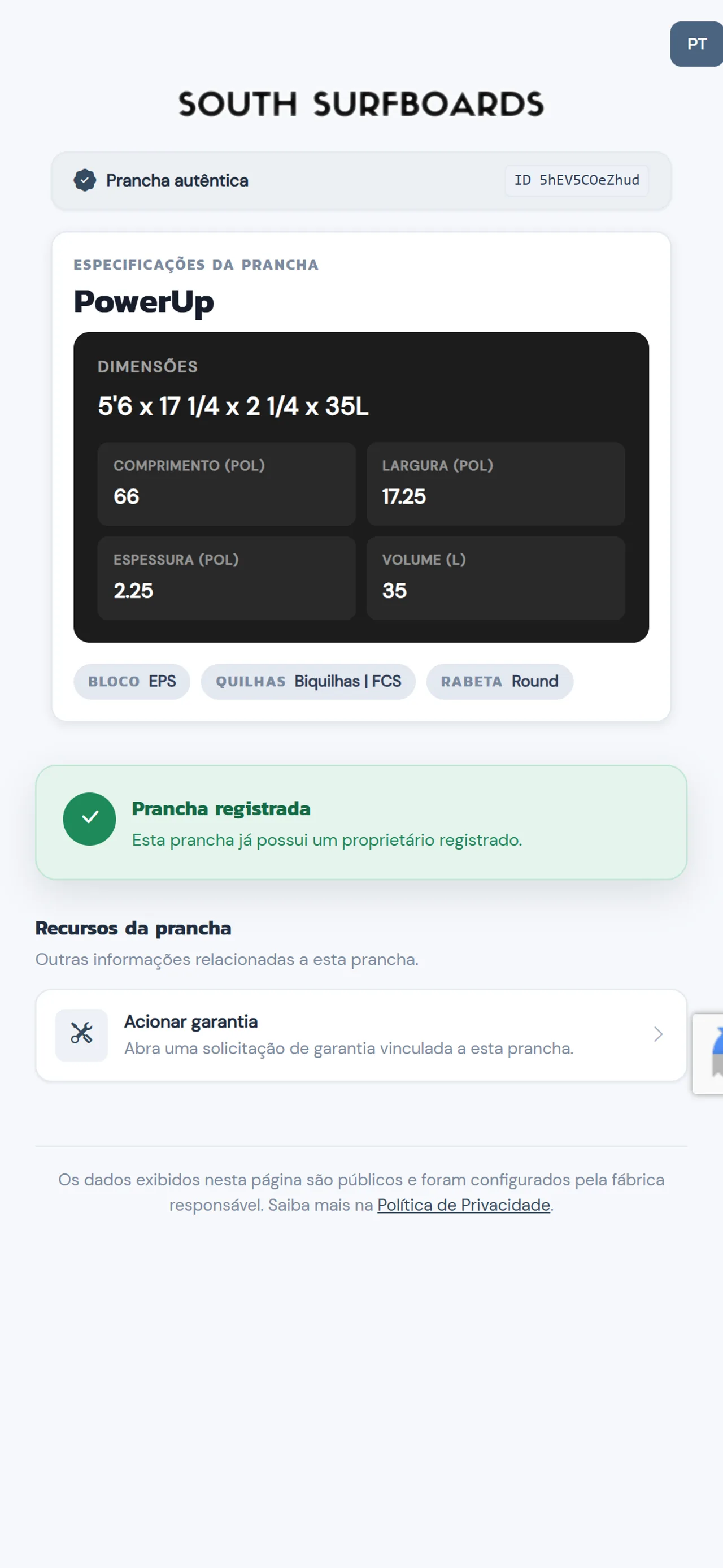 Mesma página pública da prancha, mostrando o efeito dos controles de visibilidade ligados no painel.
