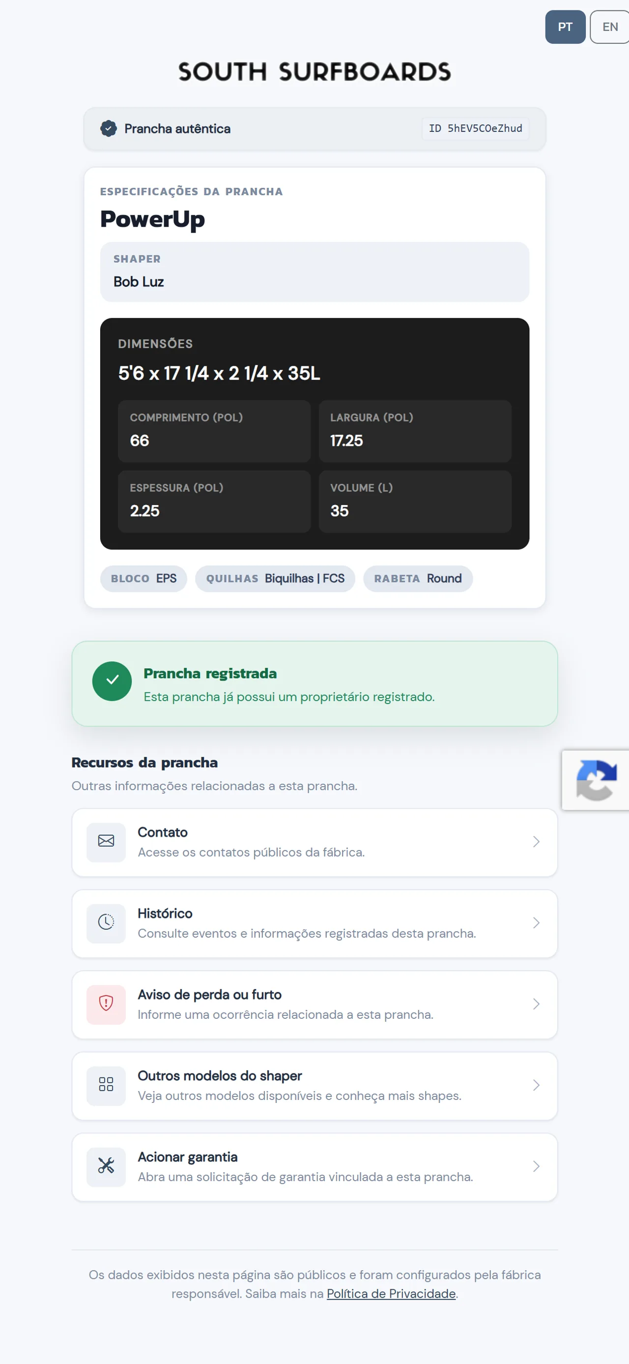 Página pública de uma prancha da marca demo, aberta no celular.