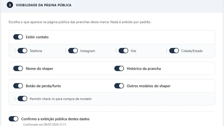 Perfil de visibilidade da marca no painel administrativo, com os controles de exibição.